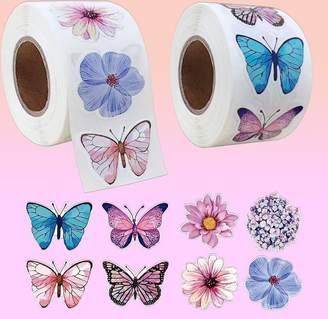 500 Stück Schmetterlings- und Blumen-Aufkleber in Multicolour, DIY-Dekorationsaufkleber aus Papier mit einem Durchmesser von 2,5 cm zur Verzierung von Geschenken, Notizbüchern und Telefonen - Bild 1