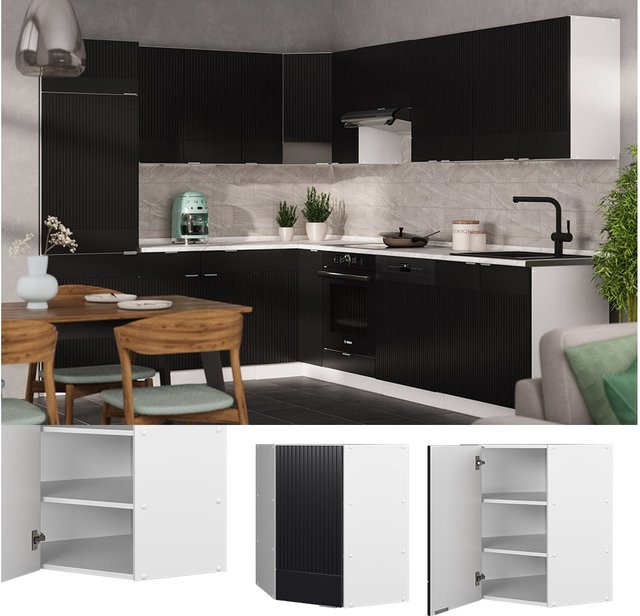 Vicco Eckhängeschrank Fame-Line Küchenschrank Weiß Schwarz gestreift mit Soft-Close-Scharnieren und Regalböden Breite: 57 cm - Bild 1