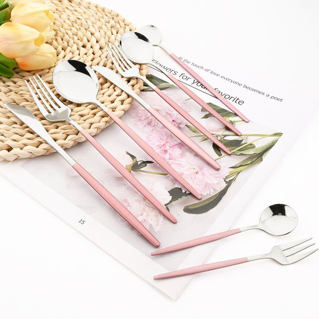 Drmfiy Besteckset aus Edelstahl in Rosa und Silber, 6-teiliges Set bestehend aus Messer, Löffel, Gabel und Teelöffel - Bild 1