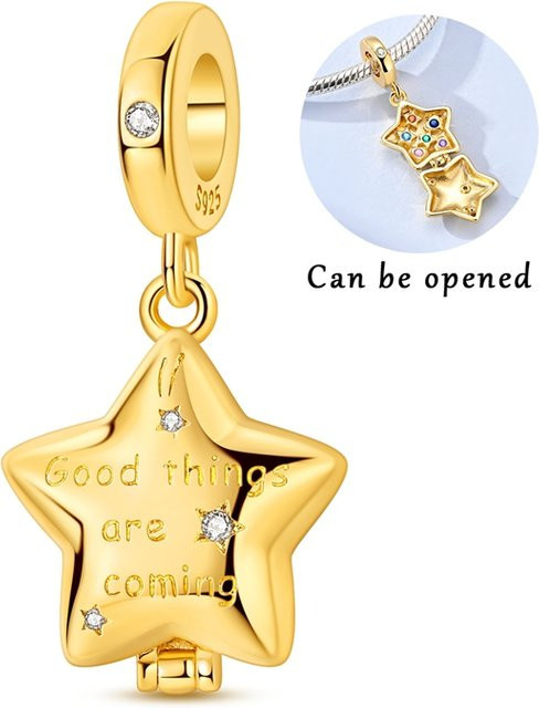 Parmuz Charm Anhänger 925 Sterling Silber, Perle, Gold, Glücksstern, Damen - Bild 1