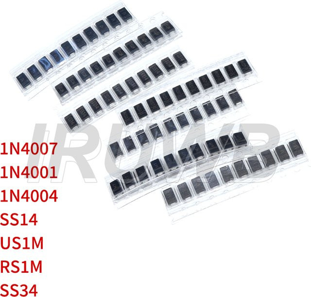 70 Stück SMD-Dioden Elektronikbausatz mit 7 Werten für Schottky-Dioden-Sets wie 1N4007, M7, 1N4001, M1, 1N4004, M4, SS14, US1M, RS1M und SS34 in Schwarz - Bild 1