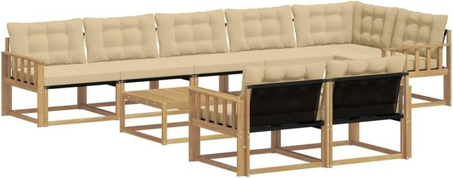 vidaXL Outdoor-Sofagarnitur aus Akazienholz mit Textilene und Kissen, 9-teiliges Set, Weiß und Beige, B/T/H: 79 x 79 x 37 cm - Bild 1