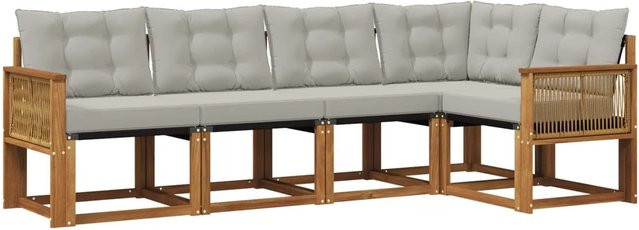 vidaXL Outdoor-Sofagarnitur in L-Form aus massivem Akazienholz mit Textilene und 5 Kissen in Natur und Hellgrau - Bild 1