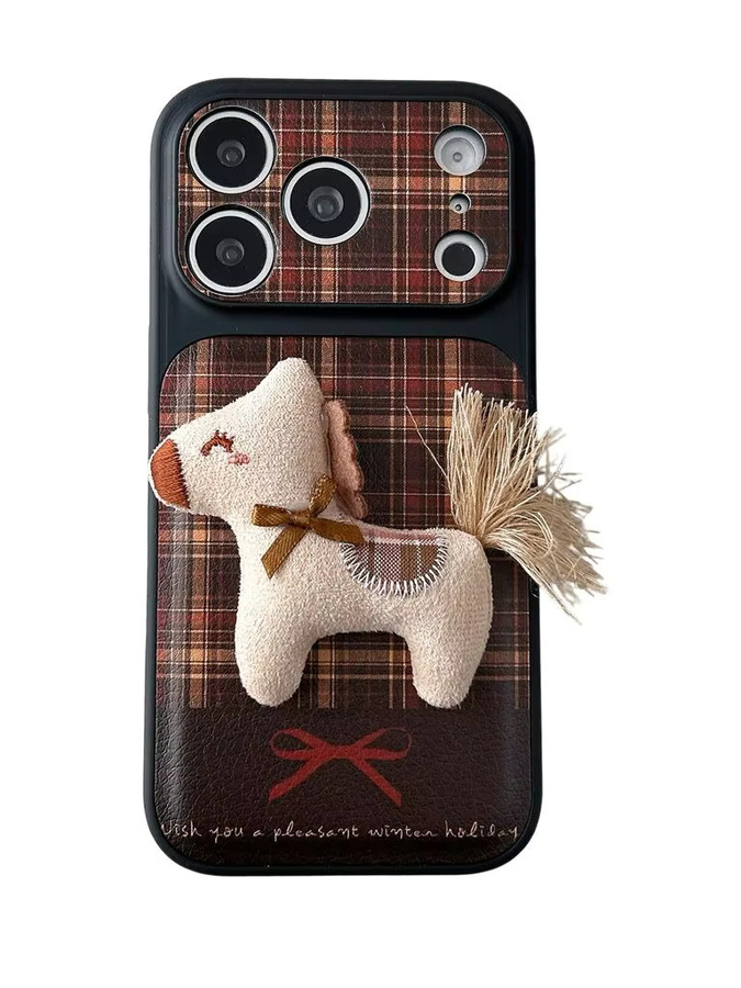 Handyhülle für iPhone 17, 16, 15, 14 Pro Max mit braunem Gittermuster, stereoskopischem Stoffdesign, Schleife und Pferdemotiv - Bild 7