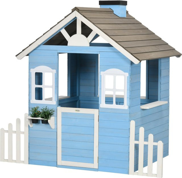 Outsunny Kinderspielhütte aus Fichtenholz in Blau mit Tür, Fenstern, Zaun und Blumentöpfen, B/T/H: 151 x 112,5 x 142 cm - Bild 1