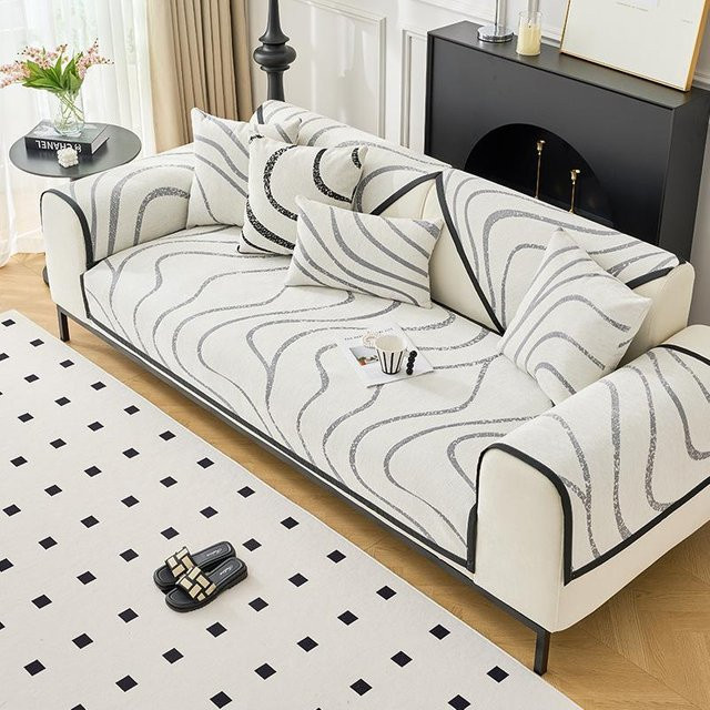 Rutschfester Chenille Sofabezug mit geometrischem Jacquard-Streifenmuster in Grau-Weiß, universell für Sofas geeignet, B/H: 70 x 70 cm - Bild 1