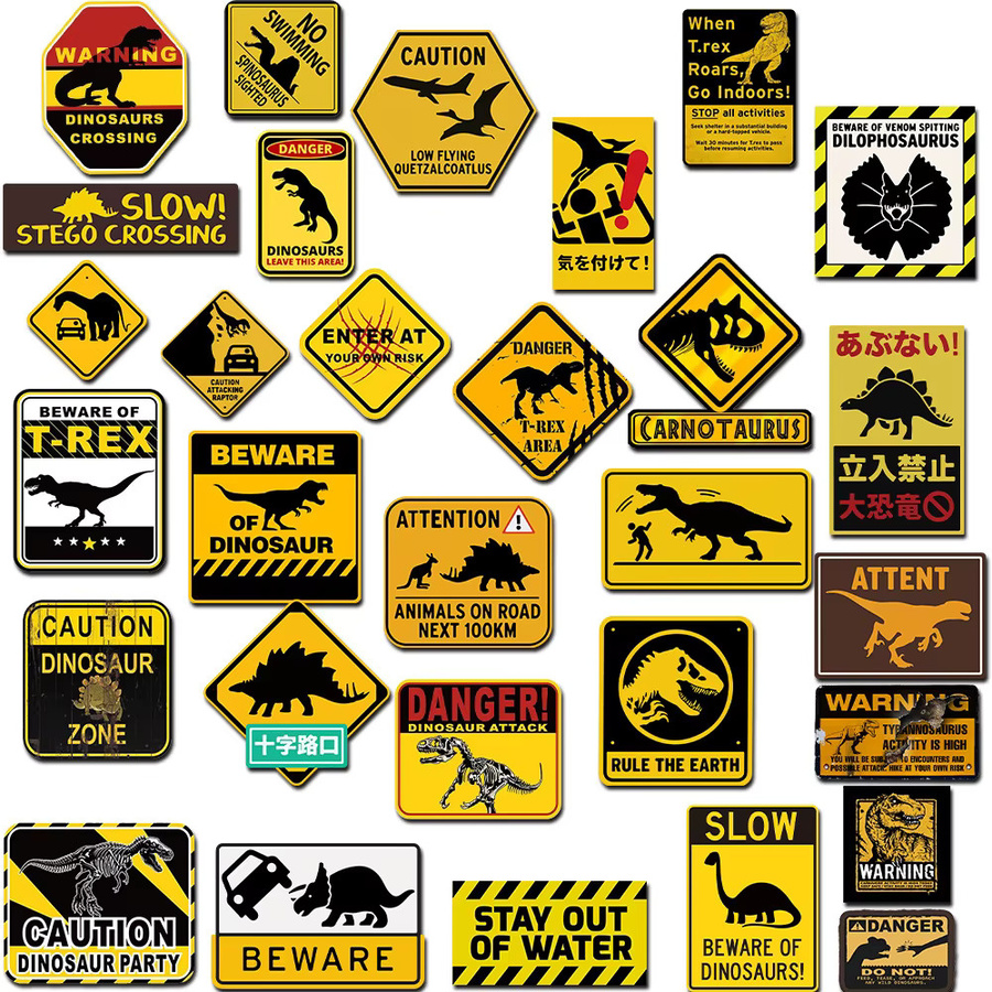 50 Stück Jurassic Warnhinweis Dinosaurier Aufkleber, wasserfeste Sticker in Multicolor für Laptop, Telefon und Gepäck von Story Store - Bild 3