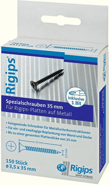 Rigips Feingewindeschrauben für Metall, Blau, Durchmesser: 3,5 mm, Länge: 35 mm, 150 Stück - Bild 1