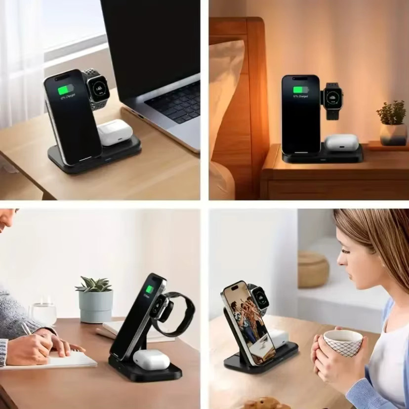 XIKCU 3-in-1 Wireless Ladegerät faltbares Schnelllade-Dock für iPhone, iWatch und AirPods in Schwarz oder Weiß - Bild 5