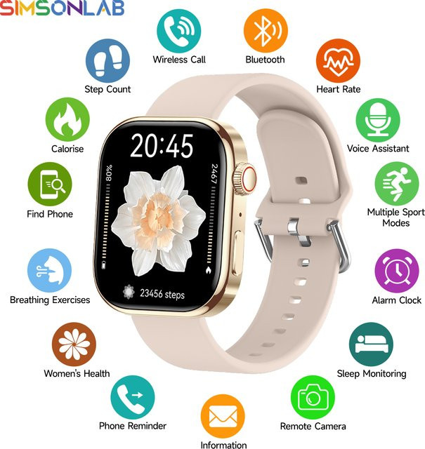 SIMSONLAB Smartwatch, 2,01 Zoll, Schwarz, Silikon, Unisex - Bild 1