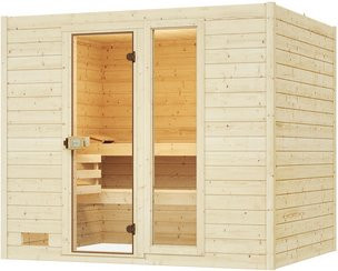 WEKA Massivholzsauna Valida 4 für 6 Personen in Braun inklusive 7,5 kW Ofen mit externer Steuerung und Sparset mit Glastür und Fenstern - Bild 1