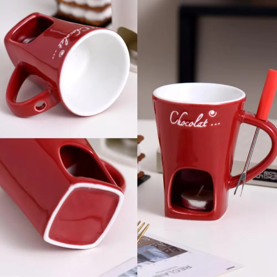 XMSJ Schokoladen-Fondue-Set aus Keramik in Rot inklusive Gabeln und Kerze - Bild 5