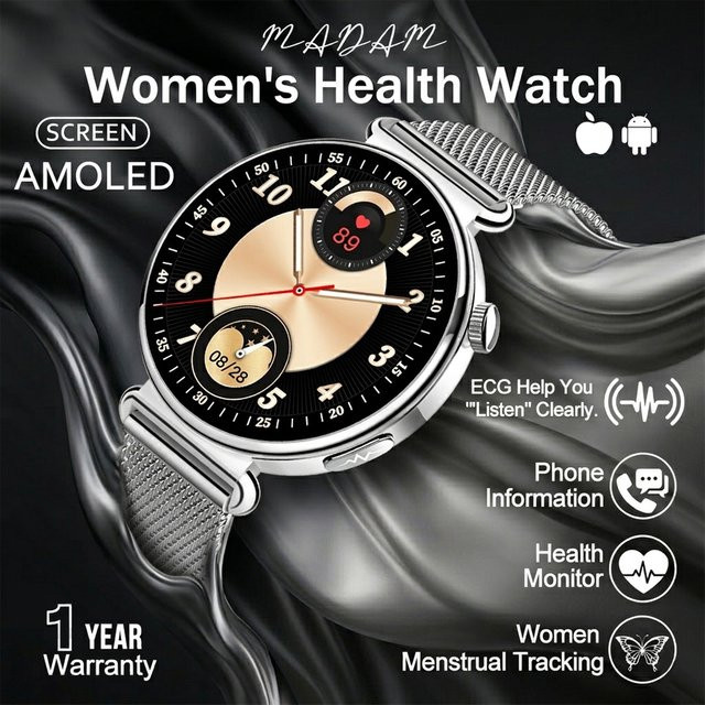 Yaocx Smartwatch für Damen in Silber mit Herzfrequenz-, Blutdruck- und Blutsauerstoffüberwachung, Schlaftracking und Bluetooth-Anruffunktion - Bild 1