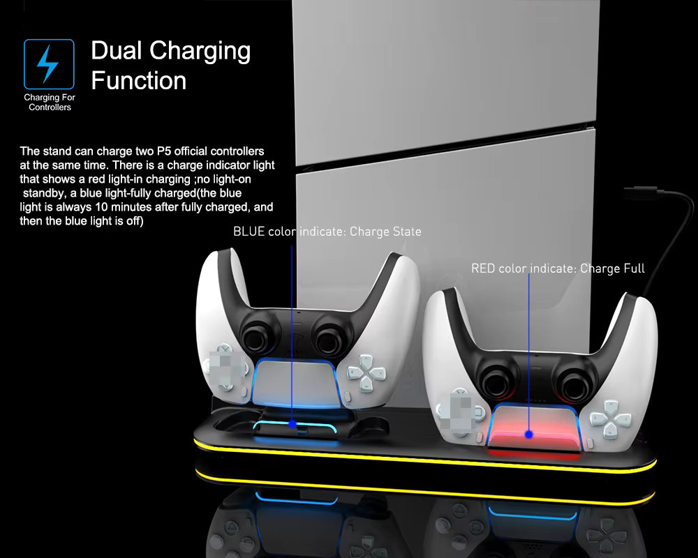 Ladestation für PS5 und PS5 Slim Digital/Disc mit RGB-Licht, 3-stufiger Turbo-Kühlung und Headset-Halterung in Weiß - Bild 3