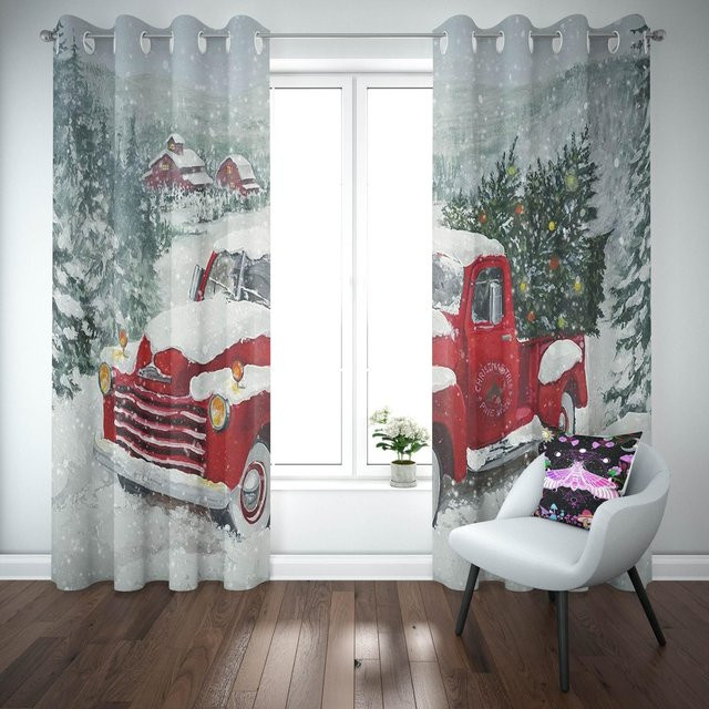 Weihnachten Fenster Vorhänge Cartoon Design in Rot und Grün für Wohnzimmer Schlafzimmer Küche und Flur, 2er Set mit Ösen, Breite: 60 cm, Höhe: 60 cm - Bild 1