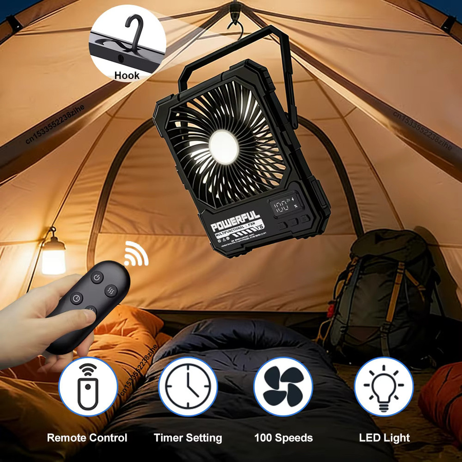 raugee Camping-Ventator Schwarz mit 20000mAh Akku, USB wiederaufladbar, tragbarer hängender Zelt-Deckenventilator mit Fernbedienung und Nachtlicht - Bild 2