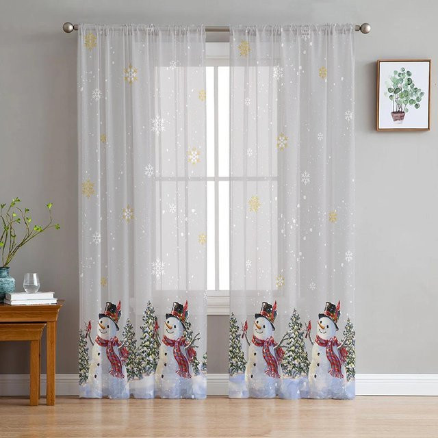 Yiran Furniture Weihnachts-Garnvorhang mit Schneeflocken und Schneemann, grauer Tüllvorhang aus transparenter Viskose, Breite: 135 cm, Höhe: 185 cm - Bild 1