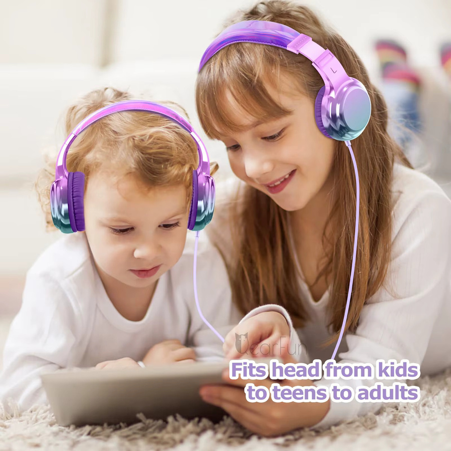QearFun Gradient Cool Kids Kopfhörer für Mädchen in Purple, kabelgebundene Stereo-Kinderkopfhörer mit Mikrofon und verstellbarem Design - Bild 3