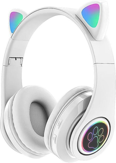 JQIQLY Bluetooth 5.0 Kopfhörer mit Katzenohren und RGB-Beleuchtung, kabellos und kabelgebunden, faltbar, Weiß - Bild 1