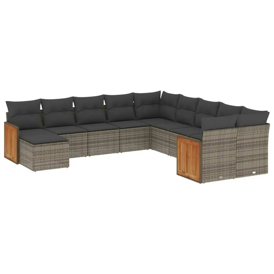 vidaXL 11-tlg Garten-Sofagarnitur aus Poly-Rattan und Akazienholz in Grau mit Kissen - Bild 2