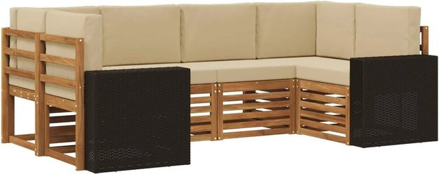 vidaXL Ecksofa Set in L-Form aus Akazienholz und Polyester in Natur-Beige mit 6 Sitzkissen und 8 Rückenkissen - Bild 1