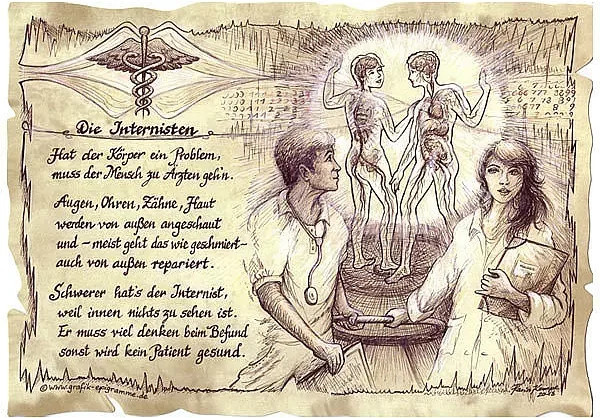 Zunftbild Internist als Grafik auf Antikpapier im A4-Format, Mehrfarbig - Bild 1