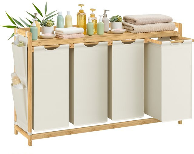 SONGMICS Wäschekorb mit 4 Fächern aus Bambus, Wäschesammler und Wäschesortierer mit Ablage und seitlichen Taschen, Weiß, 200 L (4 x 50 L) - Bild 1