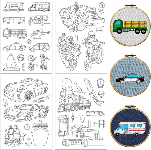 4-Blatt-Transport-Stickstabilisator mit Auto- und Fahrzeugdesigns auf weißem wasserlöslichem selbstklebendem Papier für deine Heimwerkerprojekte - Bild 1
