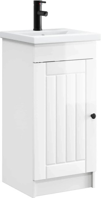 vidaXL Badezimmerschrank mit Waschbecken in Hochglanz Weiß, modern und freistehend, B/T/H: 89,0 x 40,0 x 84,5 cm - Bild 1
