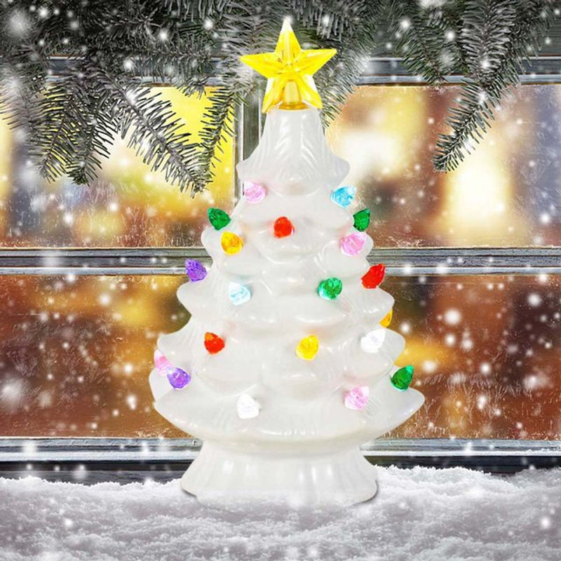 Dekorative Keramik-Weihnachtsbaum-Figur in Weiß und Mehrfarbig mit LED-Stern und Vintage-Design, Höhe: 17,78 cm - Bild 1