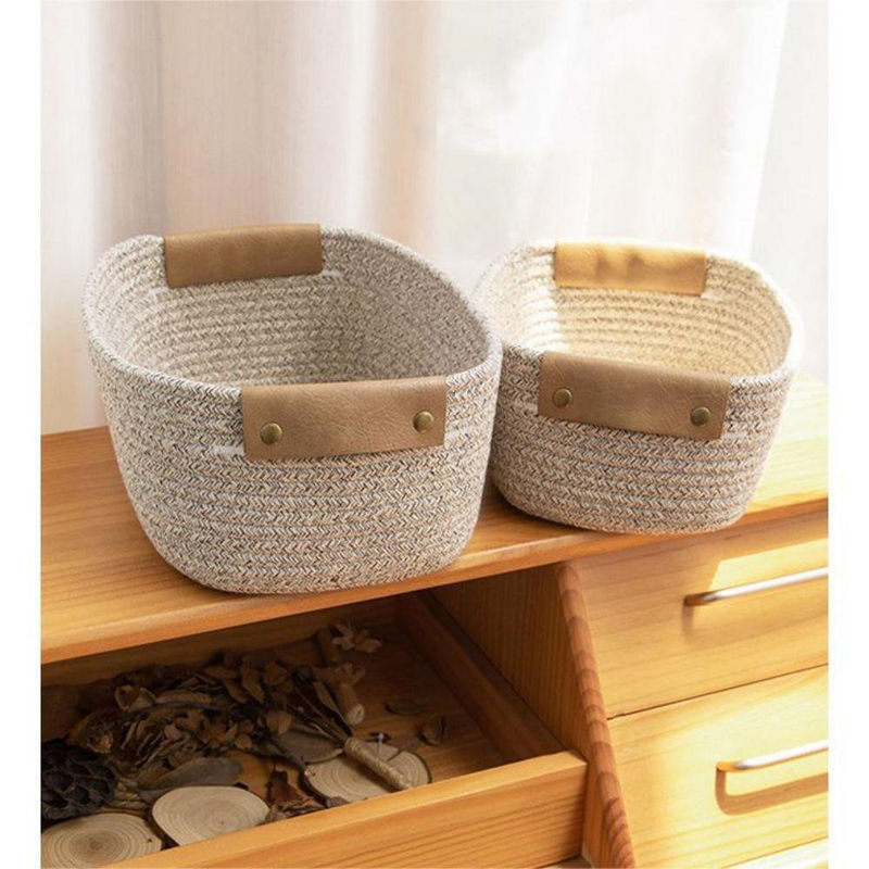 NATAWA Aufbewahrungskorb aus Baumwollseil mit Ledergriff, faltbarer Organizer für Kosmetik und Kleinigkeiten, beige/braun - Bild 4