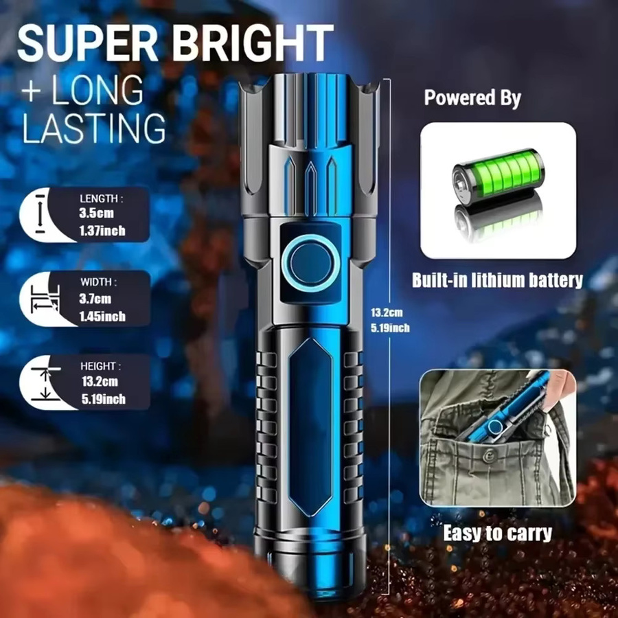 NEWBIRTH Taktische LED-Taschenlampe in Schwarz, wiederaufladbar und wasserdicht mit Zoomfunktion für Outdoor, Camping und Notfälle - Bild 6