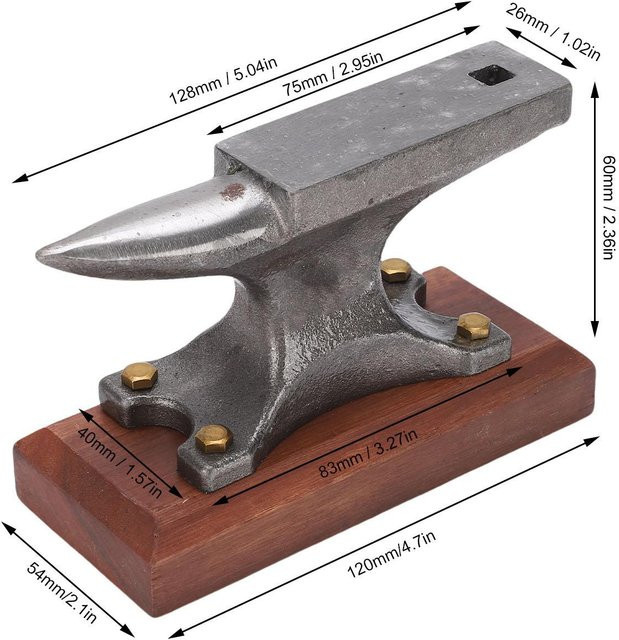 Binchi Mini-Hornamboss aus Gusseisen mit Holzsockel in Silber für Schmuckherstellung und Metallschmieden, B/T/H: 12,8 x 12,0 x 6,0 cm - Bild 1