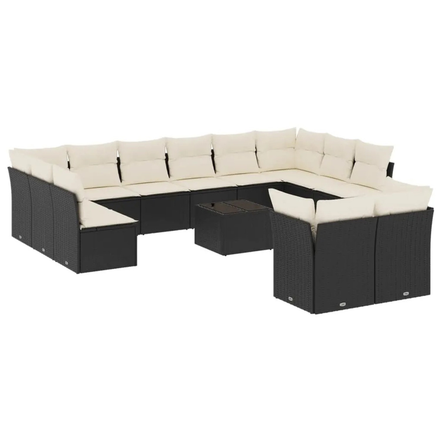 vidaXL 13-tlg. Garten-Sofagarnitur in U-Form aus Polyrattan mit Kissen, Schwarz und Cremeweiß - Bild 2