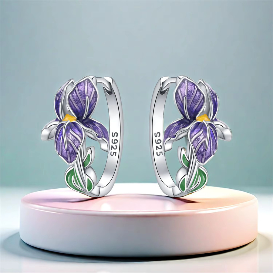 Creolen 925 Silber, lila Blumen, Damen - Bild 3