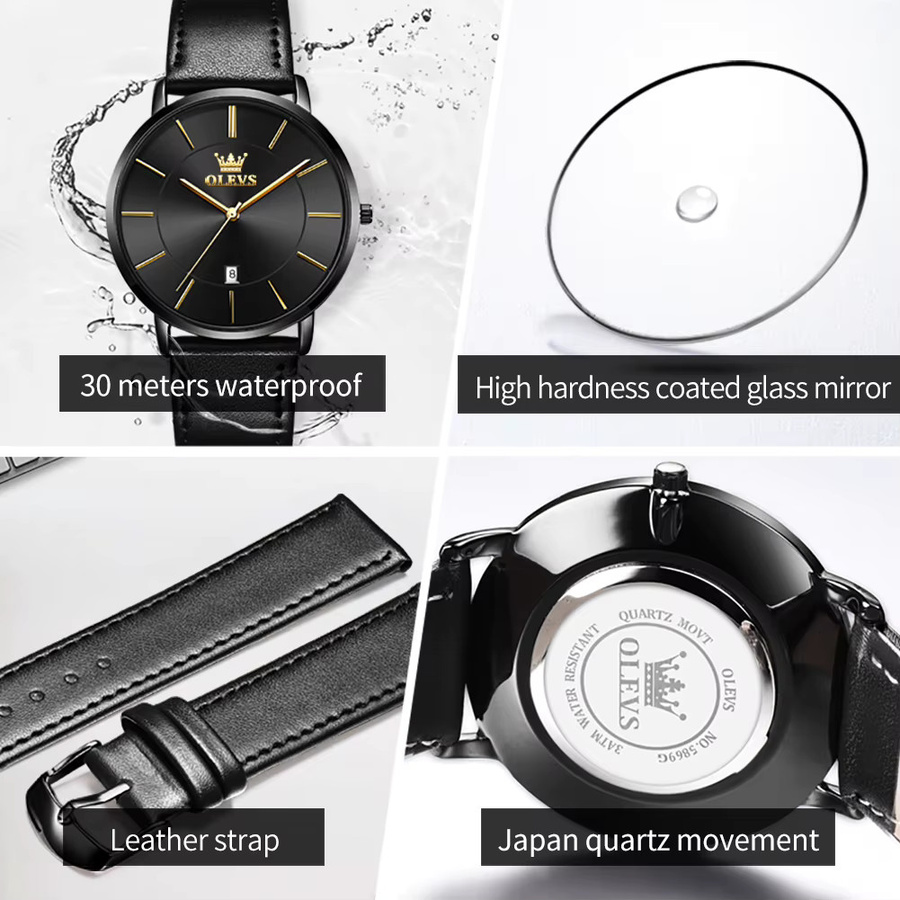 OLEVS Armbanduhr, Quarz, Leder, Schwarz, Herren - Bild 6