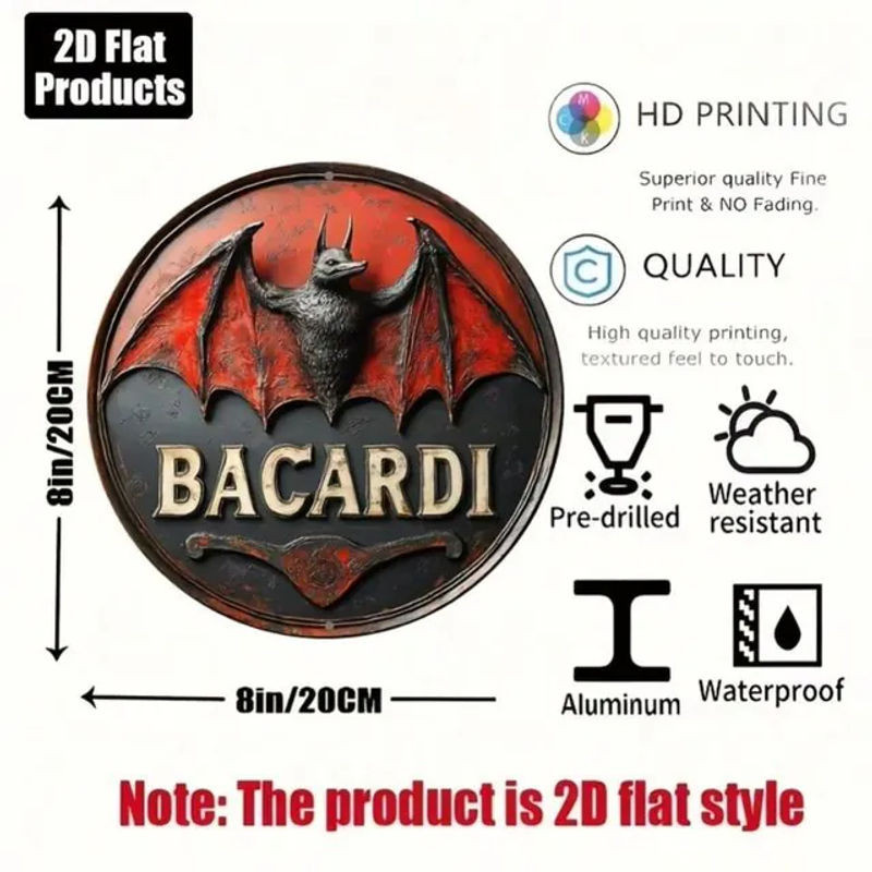 Bacardi Logo Runde Aluminiumplakette Metallschild Wandkunst für Bar und Heimdekoration Schwarz Durchmesser: 20 cm - Bild 1