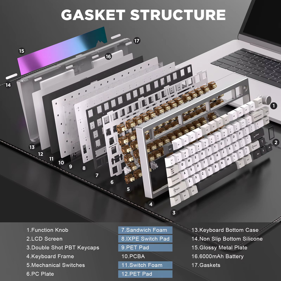 YUNZII AL80 Mechanische Gaming-Tastatur in Silber, kabellos mit Bluetooth, CNC-Aluminium-Gehäuse, LCD-Display und Hot-Swap-Funktion, QMK/VIA-kompatibel - Bild 6