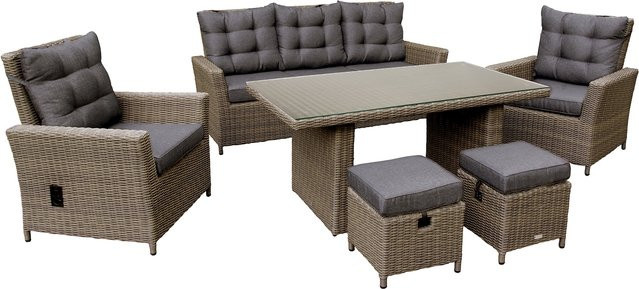 bellavista Home & Garden Luxus Dining Lounge Asti Polyrattan in Braun mit 3-Sitzer Sofa, zwei Sesseln, zwei Hockern, Tisch und Polsterkissen - Bild 1
