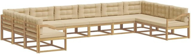 vidaXL Outdoor-Sofagarnitur in U-Form aus massivem Akazienholz mit 10-teiligem Polster-Set in Weiß und Beige - Bild 1