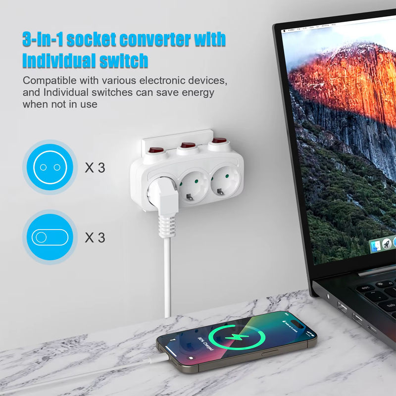 HITRENDS Doppelsteckdosenadapter Schuko EU-Konvertierungsstecker mit Schalter EIN/AUS in Weiß - Bild 2