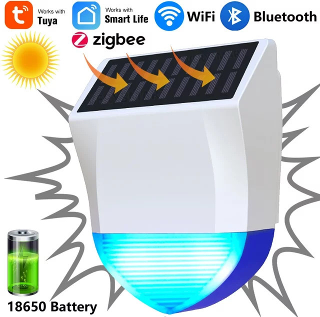 Tuya Smart Wasserdichte Outdoor Sirene mit Solar und USB Netzteil, Zigbee/Wifi Alarm mit 95dB und optionaler Fernbedienung, Weiß - Bild 1