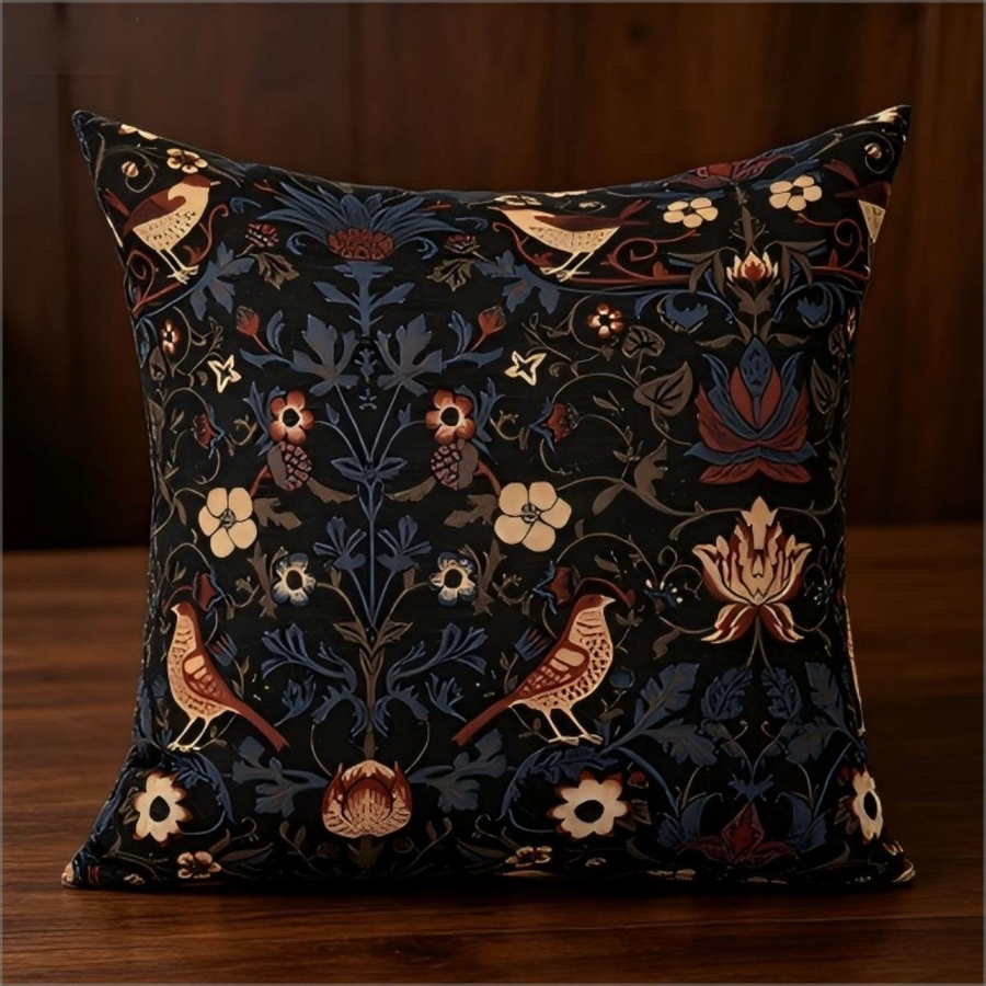 Kissenbezug im William Morris Stil mit Vogel- und Blumenmuster in Vintage Botanik-Optik, Mehrfarbig, B/B: 18 x 18 cm - Bild 2