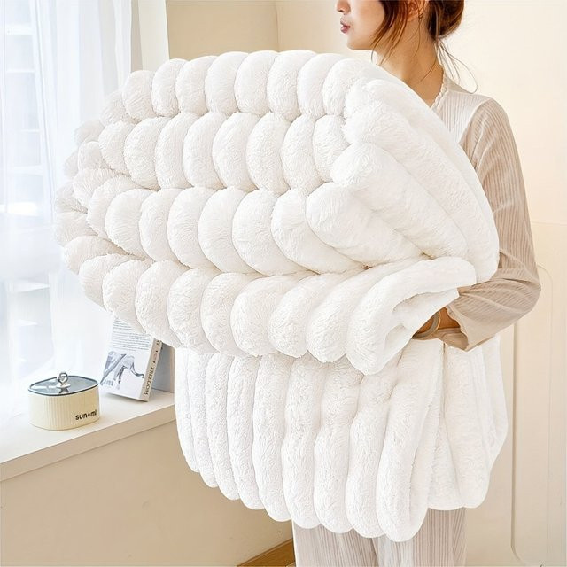 Evich Gestreifte Flanell-Fleece-Decke in Weiß und Mehrfarbig, ultraweiche Kuscheldecke für Bett und Couch - Bild 1