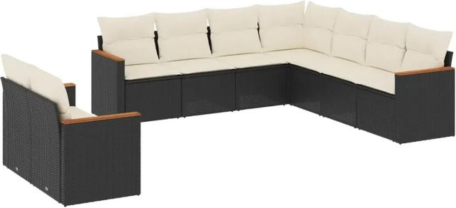 vidaXL 9-teilige Garten-Sofagarnitur in L-Form aus Poly-Rattan und Akazienholz mit Kissen in Schwarz - Bild 1