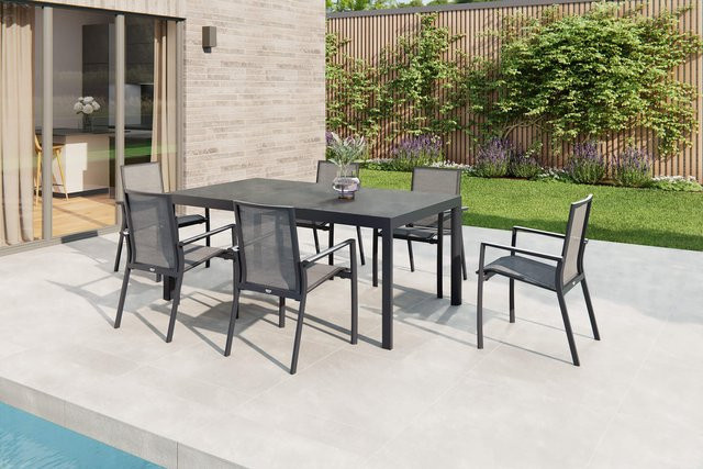 Siena Garden Carlos/Velia Garten-Essgruppe in Anthrazit/Grau mit Keramiktisch und 6 Dining Sesseln aus Aluminium und Ranotex Gewebe, Tisch Breite: 180 cm, Tiefe: 100 cm, Höhe: 74 cm - Bild 1