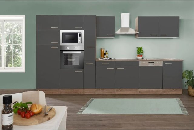 Respekta Küchenzeile KB370EYGMIGKE in Grau Seidenglanz Eiche York Nachbildung, Breite: 370 cm, Höhe: 205 cm, Tiefe: 55,5 cm - Bild 1