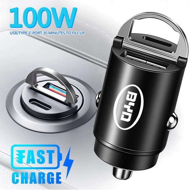 BYD Mini Auto Ladegerät mit 100W QC3.0 und PD Schnellladefunktion, USB Typ C, erhältlich in Schwarz oder Rot - Bild 1