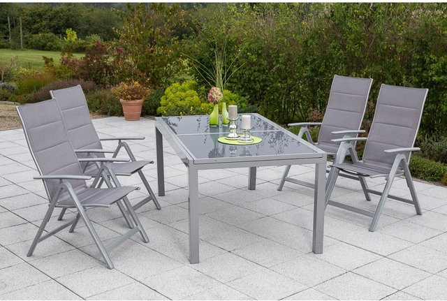 Merxx Gartenmöbelset Taviano 5-teilig mit ausziehbarem Tisch und 4 Klappsesseln aus Aluminium und Textil in Silber, Anthrazit, Grau und Braun - Bild 3