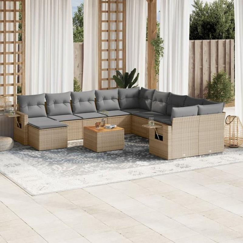 Vidaxl Gartenmöbel-Set aus Polyrattan und Akazie mit 12 Teilen und Kissen, Beige - Bild 1
